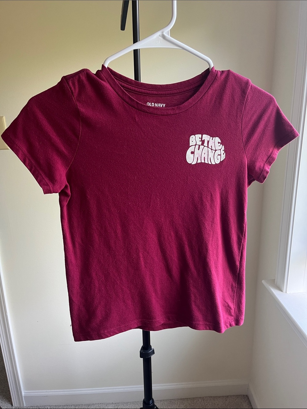 Old Navy Maroon Short Sleeve Tee with White "Be The Change" Graphic- Girls 10